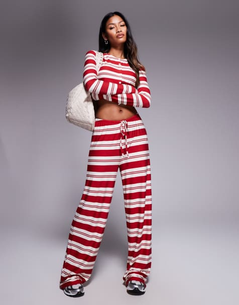 Kaiia exclusive super soft jersey drawstring trousers co-ord in red and white stripe