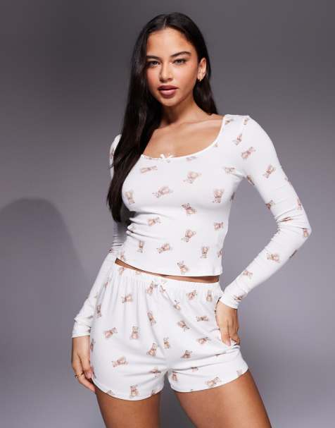 Kaiia exclusive super soft long sleeve pyjama top in cream teddy bear print (part of a set) - view 1