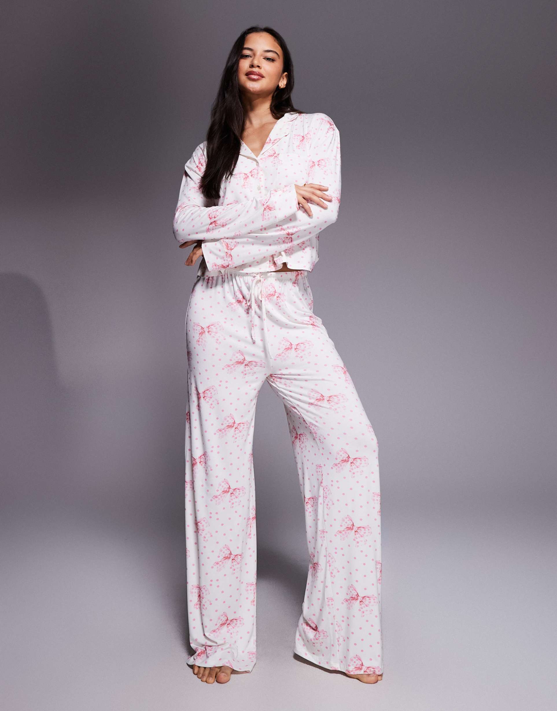 kaiia exclusive super soft pajama pants in cream and pink polka-dot bow print - part of a set