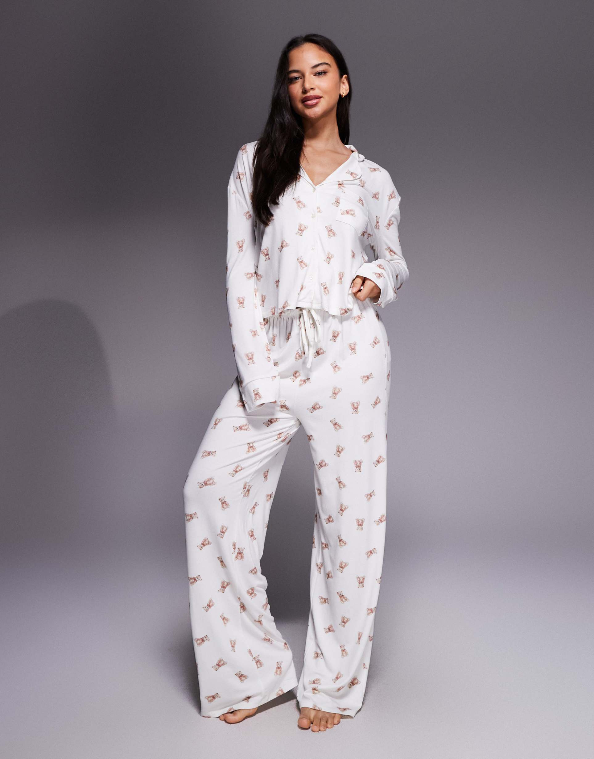 kaiia exclusive super soft pajama pants in cream teddy bear print - part of a set