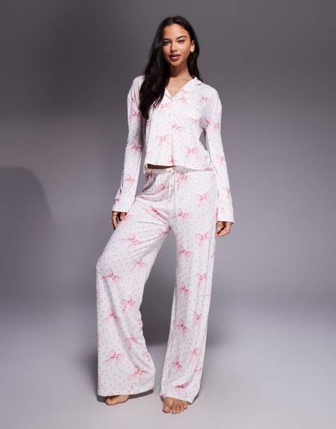 Kaiia exclusive super soft pajama shirt and pajama pants set in cream and pink polka-dot bow print - view 1