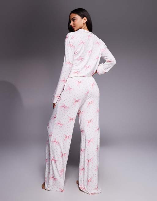 Kaiia exclusive super soft pyjama trousers co-ord in cream and pink polka bow print, 3 of 4