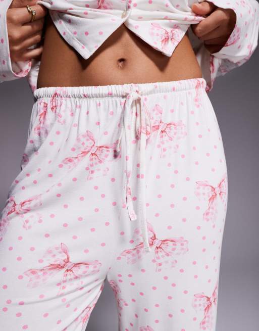 Kaiia exclusive super soft pyjama trousers co-ord in cream and pink polka bow print, 4 of 4