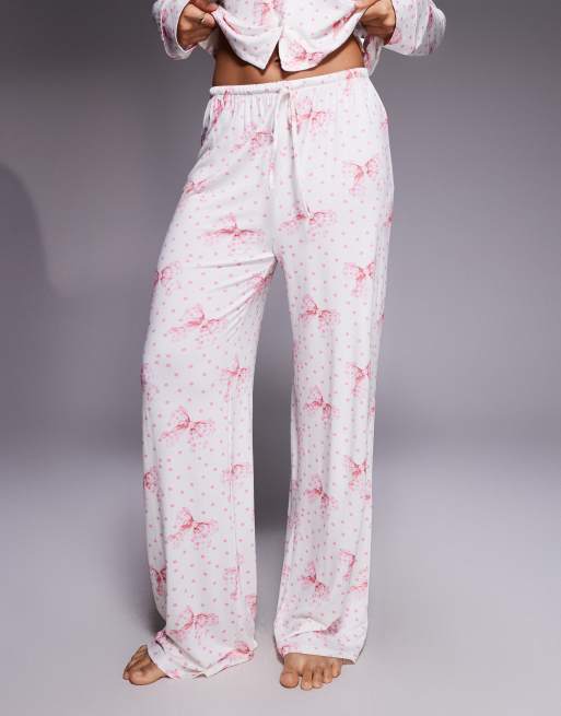 Kaiia – Exclusive – Superweiche Pyjamahose in Cremeweiß mit rosa Polka Dots und Schleifenmuster, Kombiteil, 2 von 4