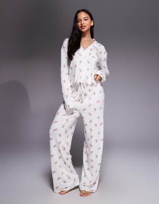 Kaiia - Exclusive - Superweiche Pyjamahose in Cremeweiß mit Teddybärenmuster, Kombiteil