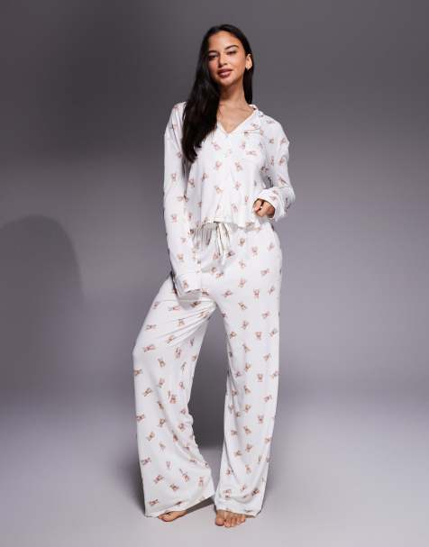 Kaiia – Exclusive – Superweiche Pyjamahose in Cremeweiß mit Teddybärenmuster, Kombiteil - view 1