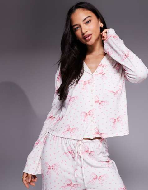Kaiia – Exclusive – Superweiches Pyjamahemd in Cremeweiß mit rosa Polka Dots und Schleifenmuster, Kombiteil - view 1