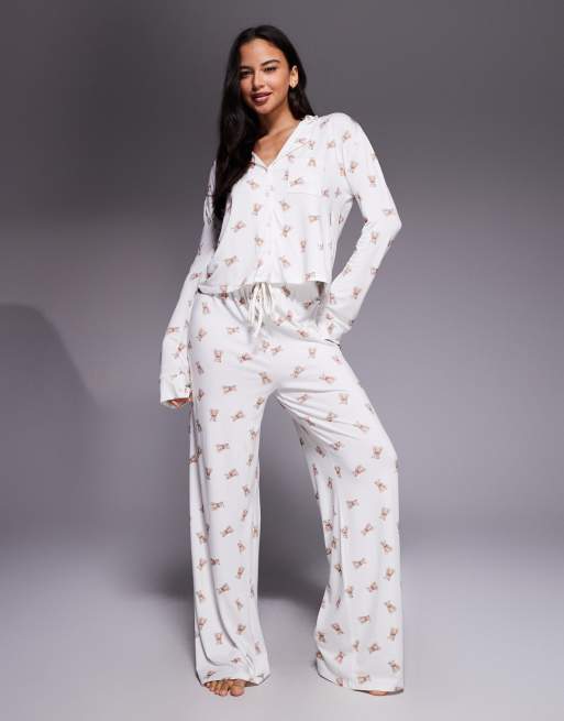 Kaiia - Exclusive - Superzacht pyjamashirt in crème met teddybeerprint, deel van co-ord set, 2 van 4