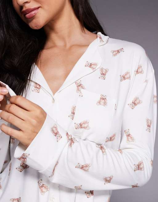 Kaiia - Exclusive - Superzacht pyjamashirt in crème met teddybeerprint, deel van co-ord set, 3 van 4