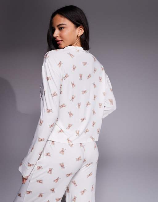 Kaiia - Exclusive - Superzacht pyjamashirt in crème met teddybeerprint, deel van co-ord set, 4 van 4