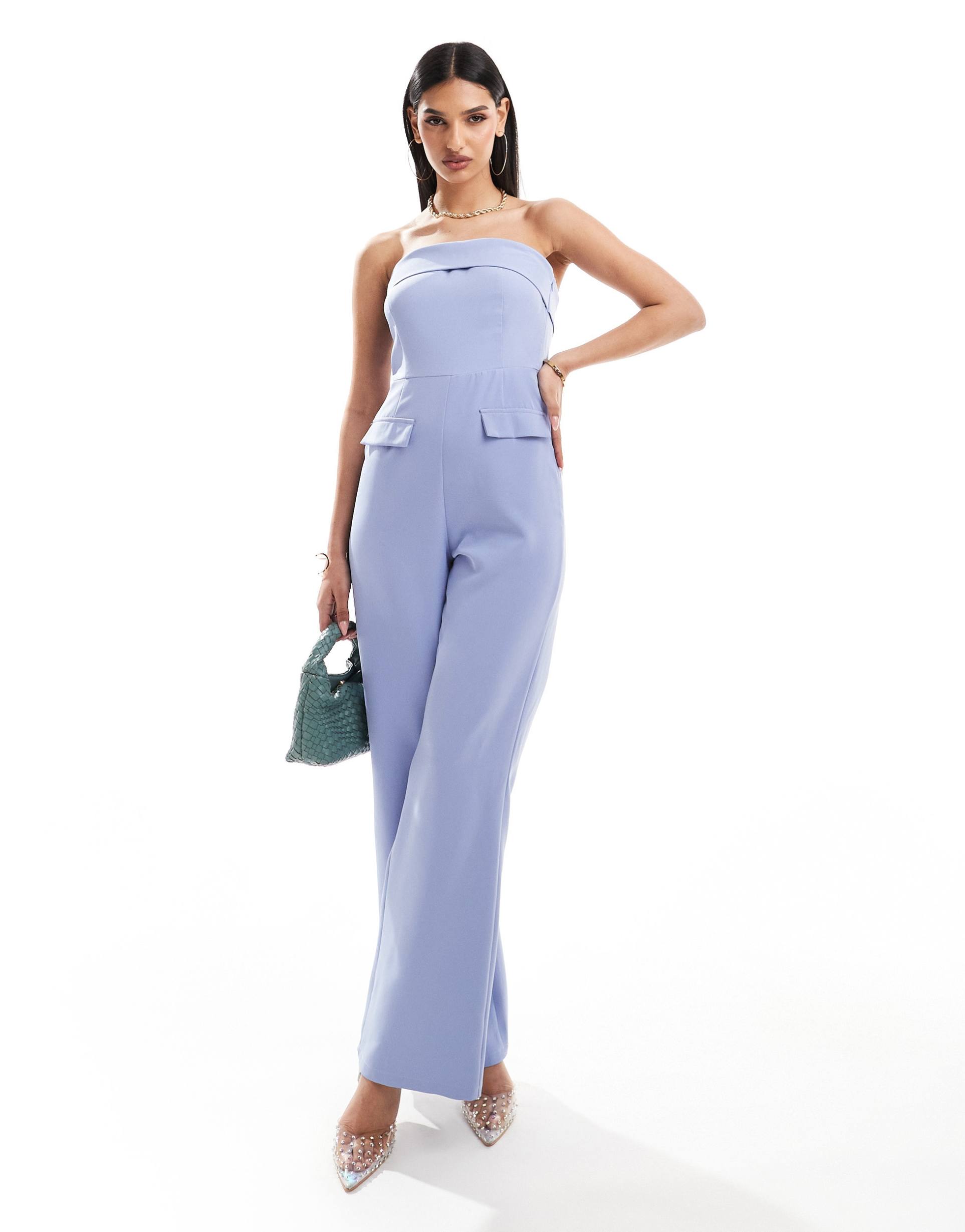 kaiia exclusive tailored bandeau foldover wide leg jumpsuit in blue
