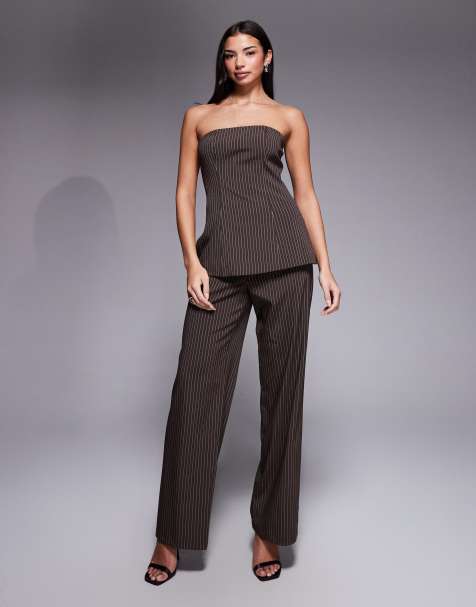 Kaiia exclusive tailored bandeau longline top and wide leg trousers co-ord in brown pinstripe - view 1