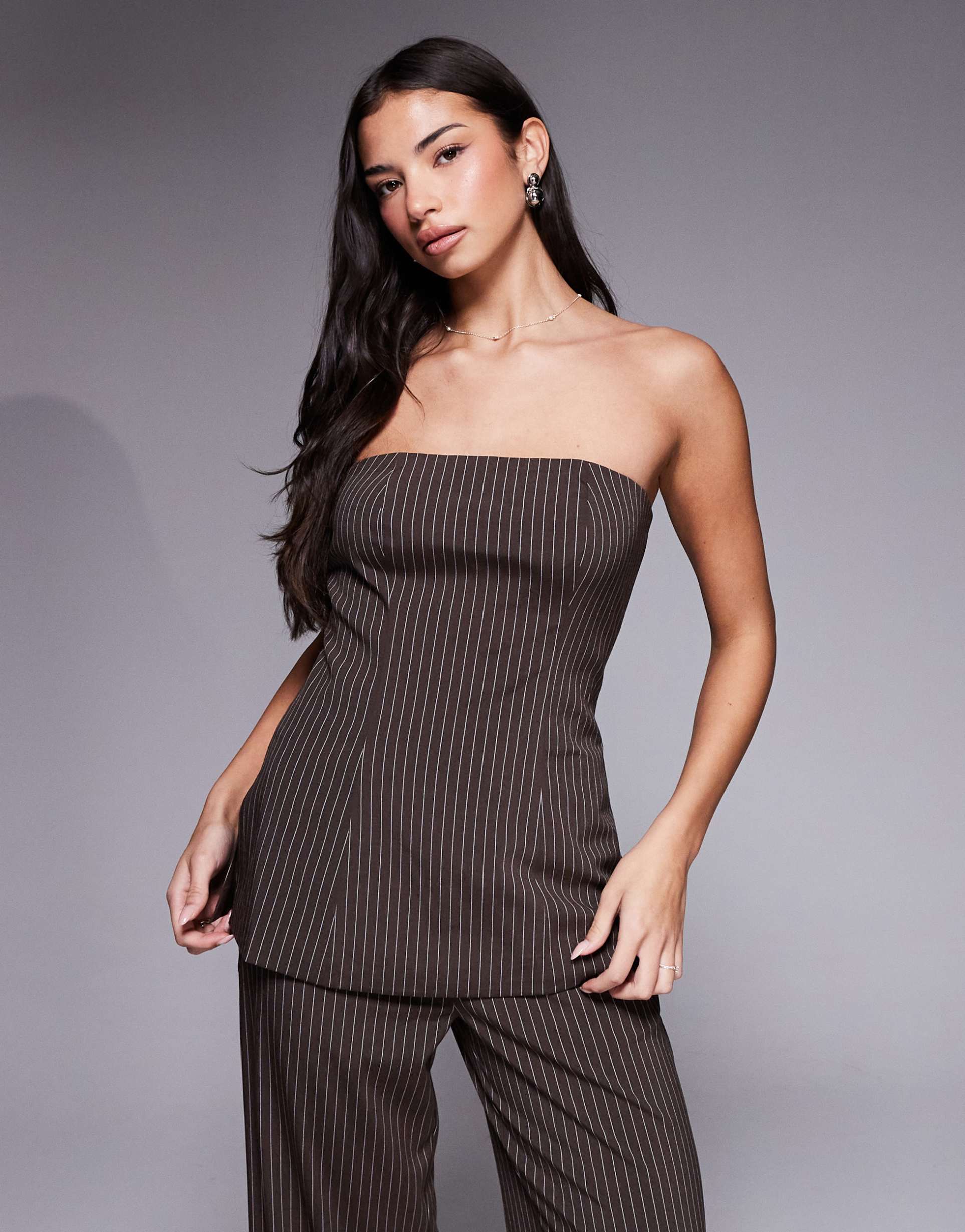 kaiia exclusive tailored bandeau longline top in brown pinstripe - part of a set