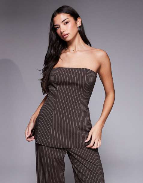 Kaiia exclusive tailored bandeau longline top co-ord in brown pinstripe