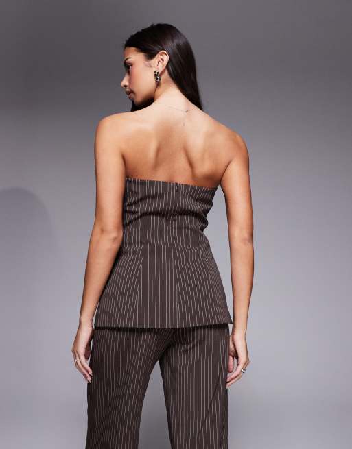 Kaiia Exclusive tailored bandeau longline top in brown pinstripe - part of a set, 2 of 4
