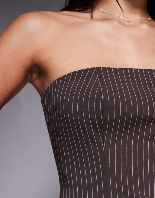 Kaiia Exclusive tailored bandeau longline top in brown pinstripe - part of a set, 3 of 4