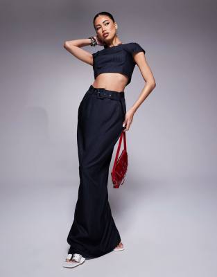 exclusive tailored belt detail maxi skirt in navy pinstripe - part of a set-Black