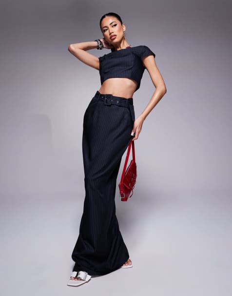 Kaiia exclusive tailored belt detail maxi skirt co-ord in navy pinstripe