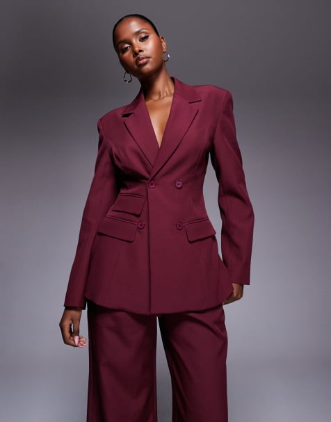Kaiia exclusive tailored cinched blazer and wide leg trouser co-ord in wine - view 1