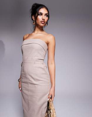Kaiia Exclusive Tailored Fold Over Bandeau Back Split Maxi Dress In Neutral