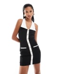 [Kaiia] Kaiia exclusive tailored halterneck contrast collar pearl button detail mini dress in black 16 BLACK