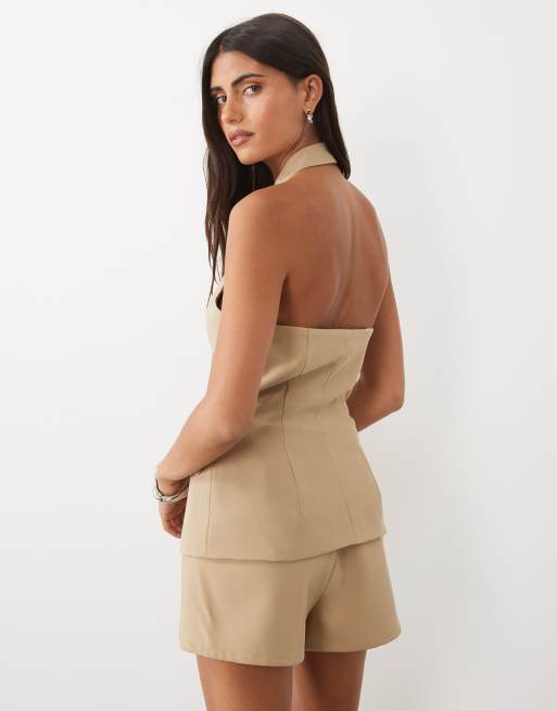 Kaiia exclusive tailored halterneck crossover button detail top in beige (part of a set), 2 of 4