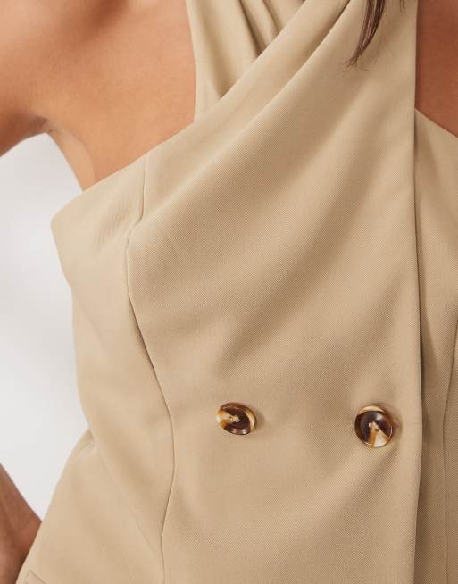 Kaiia exclusive tailored halterneck crossover button detail top in beige (part of a set), 4 of 4