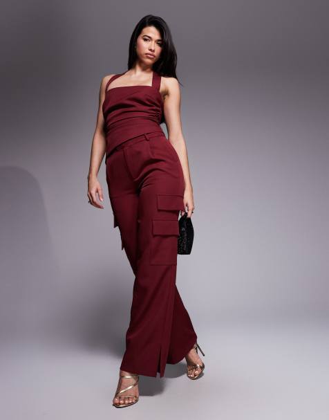Kaiia exclusive tailored halterneck top and tailored cargo trousers co-ord in dark cherry - view 1
