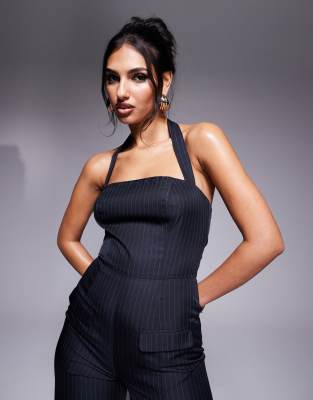 Kaiia Exclusive Tailored Halterneck Wide Leg Jumpsuit In Navy