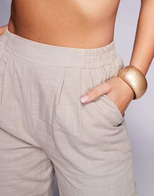 Kaiia exclusive tailored linen wide leg pants with elastic waist in coffee - part of a set  , 4 of 5