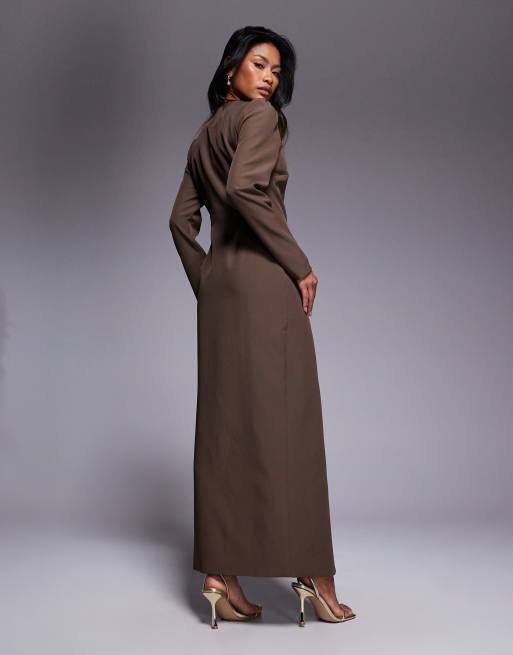 Kaiia exclusive tailored long sleeve button through maxi dress in chocolate, 2 of 4