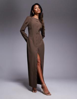 Kaiia exclusive tailored long sleeve button up maxi dress in chocolate-Brown