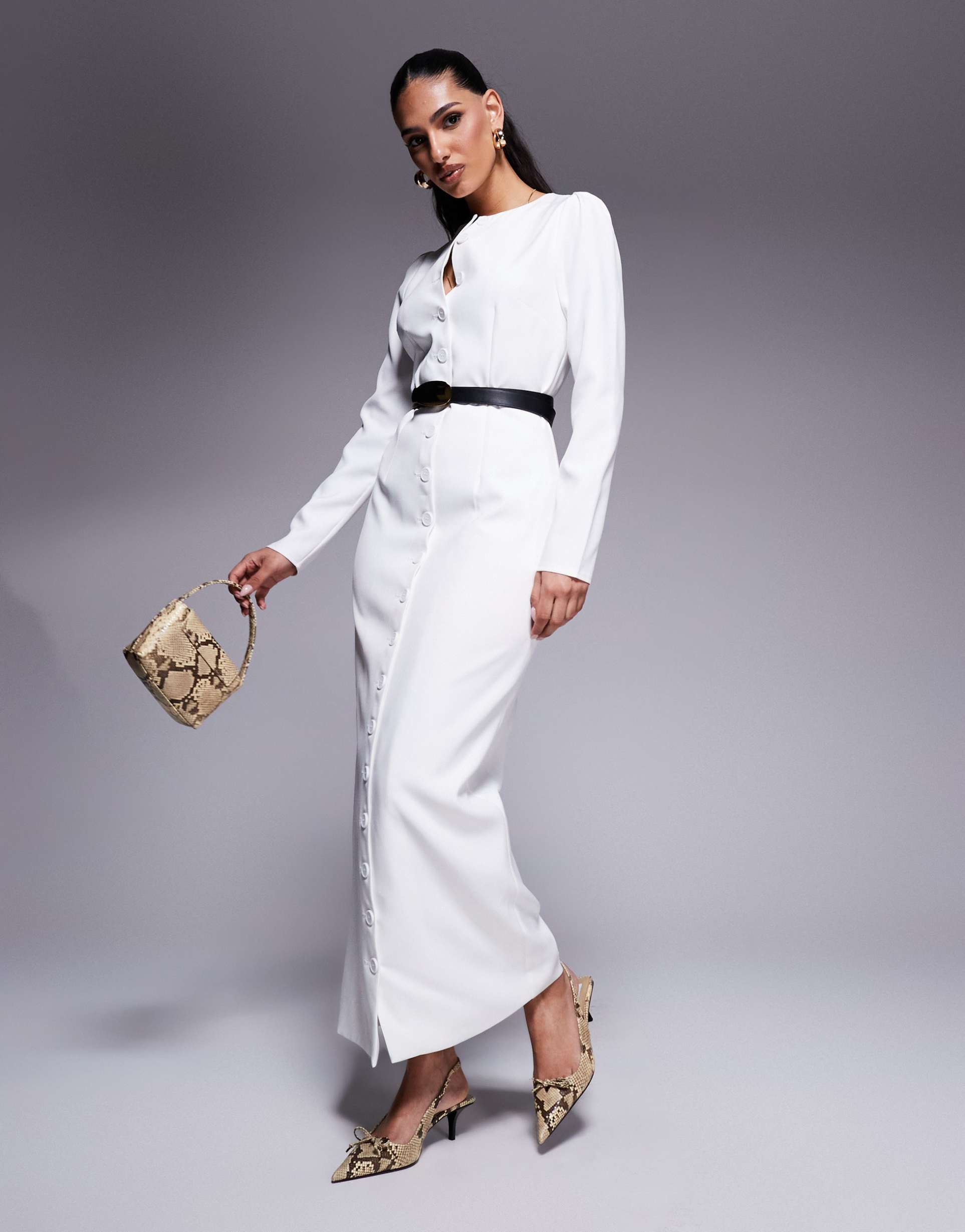 kaiia exclusive tailored long sleeve button up maxi dress in white