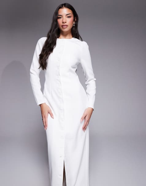 long white dress with long sleeves Fitted Sleeve Gown Bust up to 103 cm (40.6 in) White Chiffon Maxi Dress with