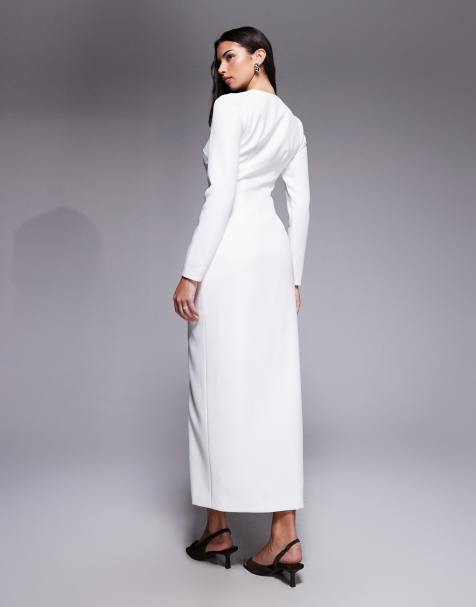 elegant navy blue dresses for wedding guests with sleeves Long Sleeves A-line Off Shoulder White Wedding Dress with Lace –  FancyVestido main image 0