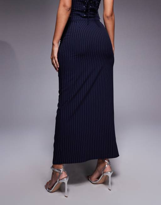Kaiia exclusive tailored maxi skirt in navy pinstripe (part of a set), 4 of 5