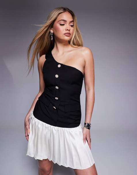 Kaiia exclusive tailored one shoulder button detail pleated drop hem mini dress in mono - view 1