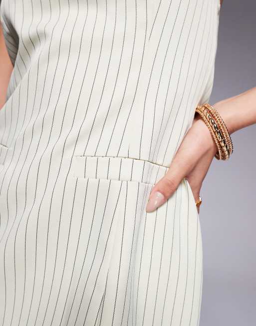 Kaiia exclusive Tailored Pinstripe Contrast Trim Bandeau Mini Dress in cream-White