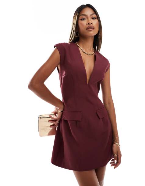 Kaiia exclusive tailored plunge v neck sleeveless mini dress in burgundy - view 1