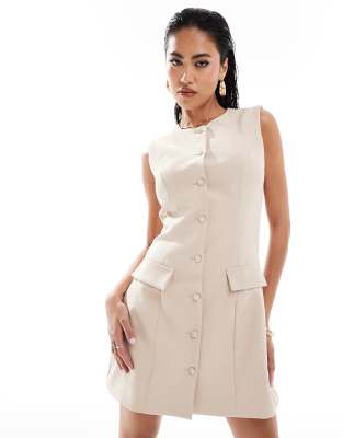Kaiia Kaiia exclusive tailored pocket detail button through sleeveless mini dress in stone-Neutral