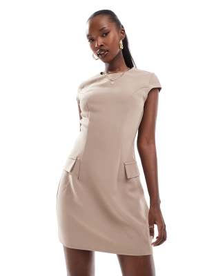 Kaiia Kaiia exclusive tailored pocket detail cap sleeve mini dress in taupe-Neutral