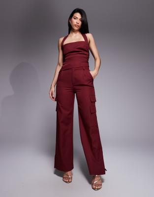 Kaiia Exclusive Tailored Pocket Detail Wide Leg Pants In Burgundy