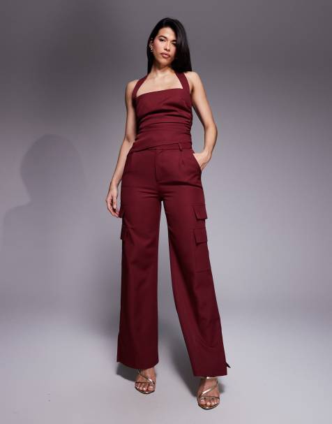 Kaiia exclusive tailored pocket detail wide leg trousers co-ord in dark cherry - view 1
