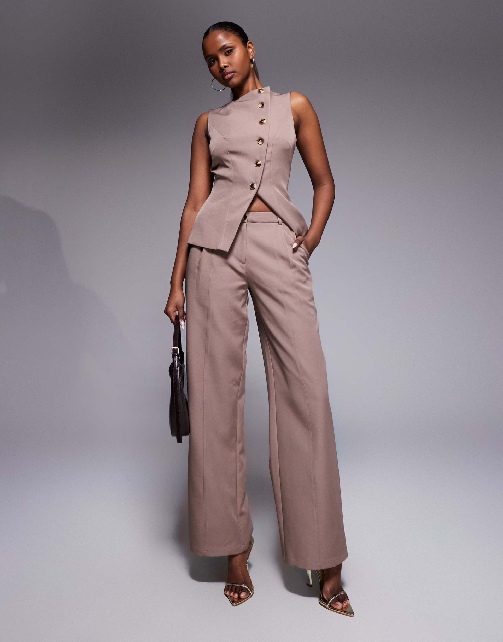 kaiia exclusive tailored seam detail wide leg pants in mocha - part of a set