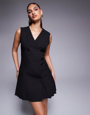 exclusive tailored sleeveless button front pleat hem mini dress in black