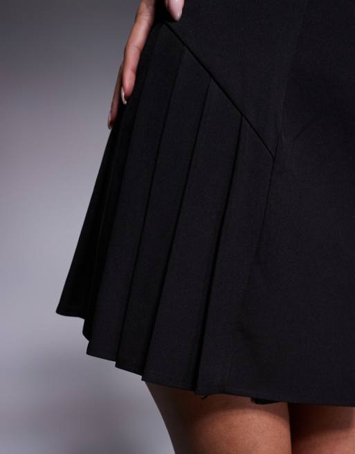 Kaiia exclusive tailored sleeveless button front pleat hem mini dress in black, 3 of 4