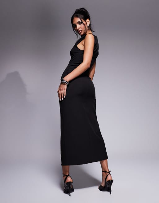 Kaiia exclusive tailored sleeveless high neck pocket detail split front maxi dress in black
