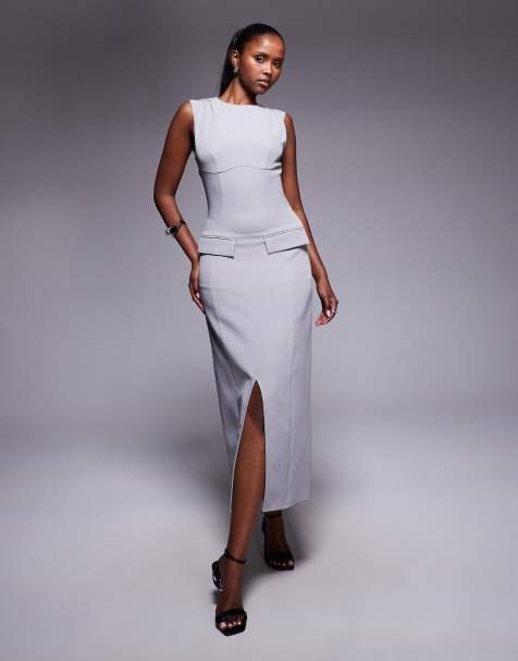 Kaiia exclusive tailored sleeveless high neck pocket detail split front maxi dress in stone - view 1
