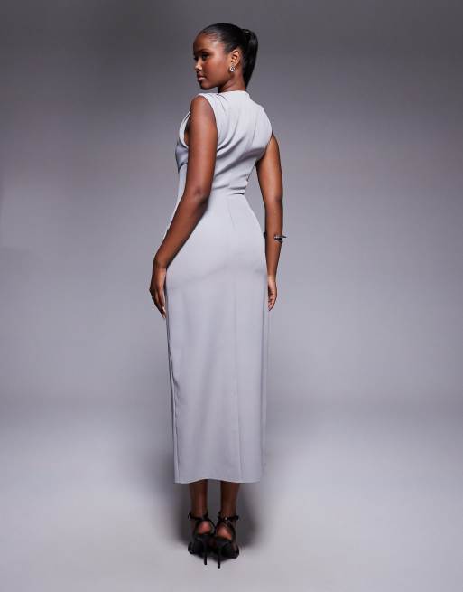 Kaiia exclusive tailored sleeveless high neck pocket detail split front maxi dress in stone, 4 of 4
