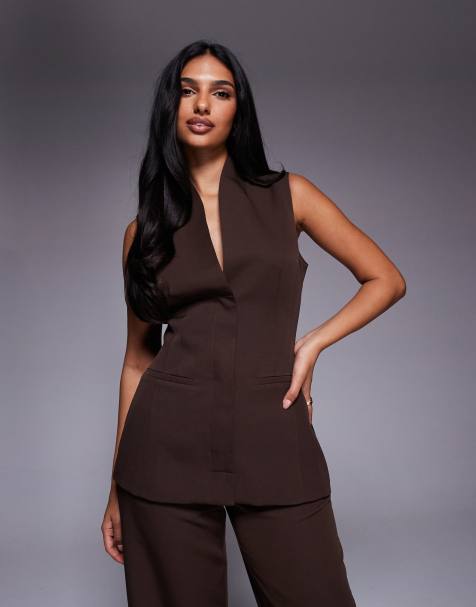 Kaiia exclusive tailored sleeveless longline waistcoat top in brown (part of a set) - view 1